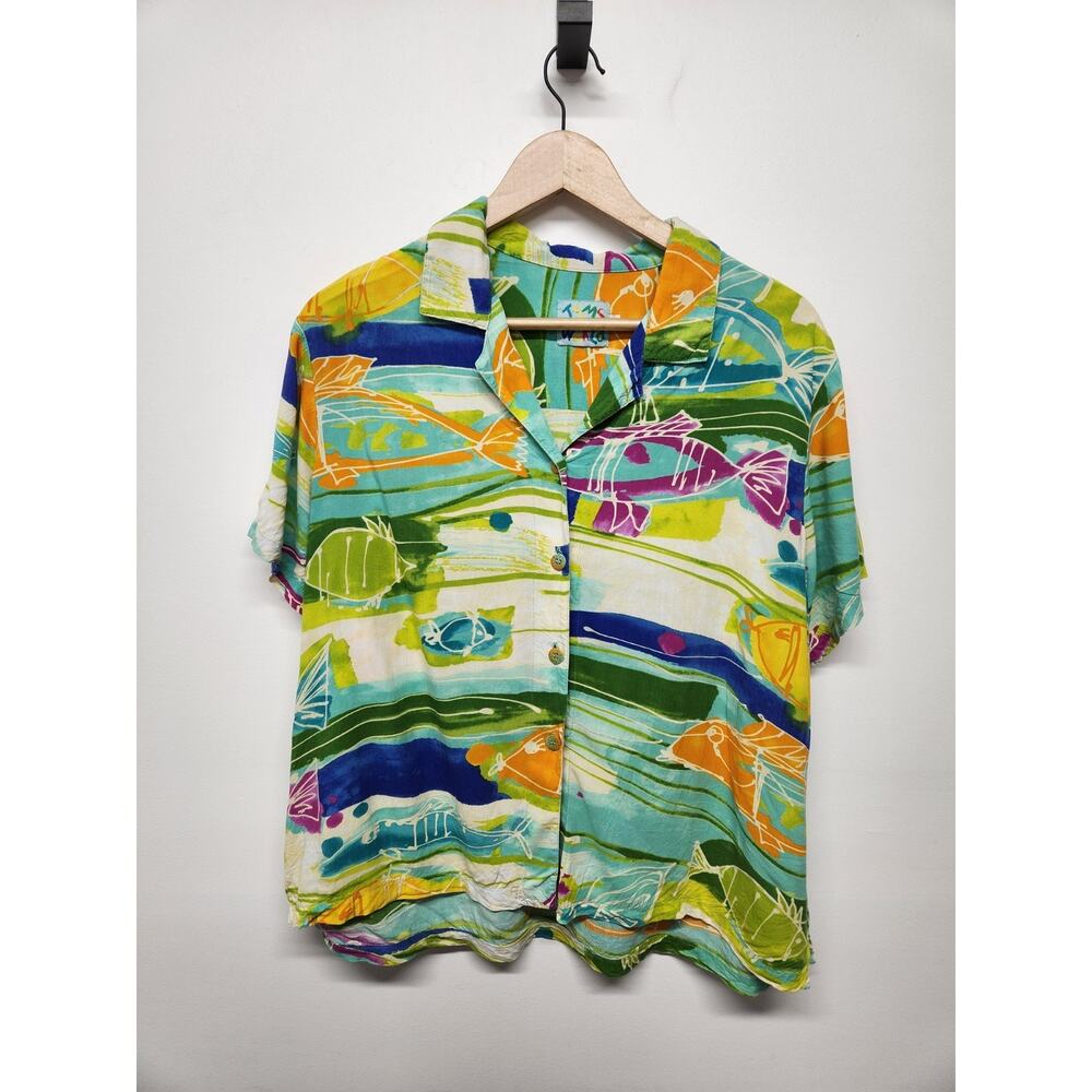 Vtg Jams World Women's Fish Pond Print Short Sleeve Shirt, Sz XL, In Multi. Flaw
